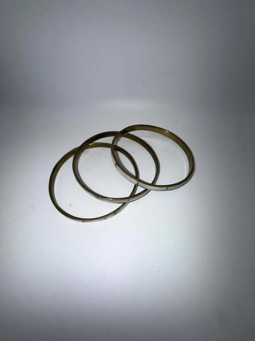 Vintage Brass Bangle Bracelets with Mother of Pearl Shell Inlay, Set of 3